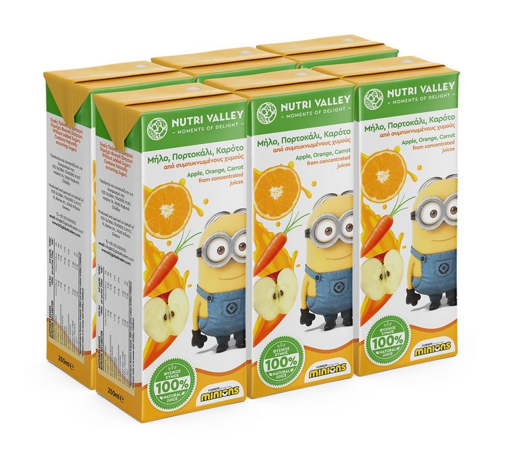 NUTRI VALLEY ΧΥΜΟΣ ΜΗΛΟ/ΠΑΡΤΟΚΑΛΙ/ΚΑΡΟΤΟ MINIONS (6X250ml)