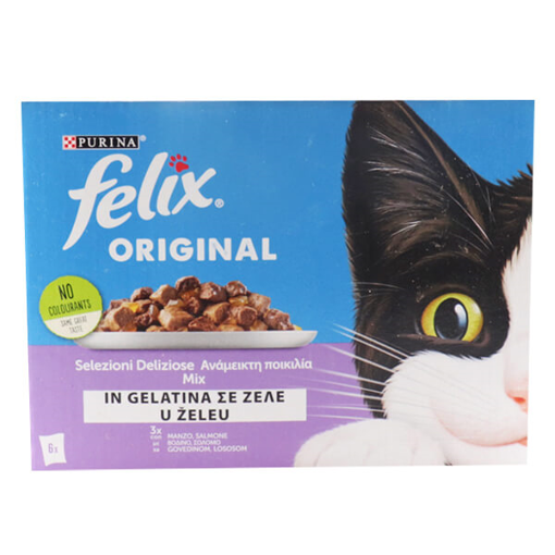 FELIX ORIGINAL ΓΑΤΟΤΡΟΦΗ ΦΑΚΕΛΑΚΙΑ (6x85gr.) - (ΑΝΑΜΕΙΚΤΗ ΠΟΙΚΙΛΙΑ) (ΒΟΔΙΝΟ-ΣΟΛΟΜΟΣ)